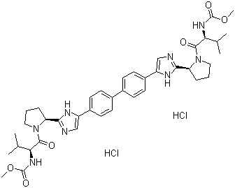 structure of CAS# 1009119-65-6, BMS 790052;N,N'-[[1,1'-Biphenyl]-4,4'-diylbis[1H-imidazole-5,2-diyl-(2S)-2,1-pyrrolidinediyl[(1S)-1-(1-methylethyl)-2-oxo-2,1-ethanediyl]]]biscarbamic acid dimethyl ester hydrochloride