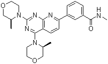 结构式 CAS# 1009298-59-2, AZD2014; 3-[2,4-双((3S)-3-甲基吗啉-4-基)吡啶并[5,6-e]嘧啶-7-基]-N-甲基苯甲酰胺
