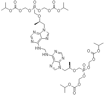 structure of CAS# 1093279-76-5, 5-[[(1R)-2-[6-[[[[9-[(2R)-2,11-Dimethyl-5-[[[(1-methylethoxy)carbonyl]oxy]methoxy]-5-oxido-9-oxo-3,6,8,10-tetraoxa-5-phosphadodec-1-yl]-9H-purin-6-yl]amino]methyl]amino]-9H-purin-9-yl]-1-methylethoxy]methyl]-2,4,6,8-tetraoxa-5-phosphanonanedioic acid 1,9-bis(1-methylethyl) ester 5-oxide