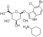 structure of CAS# 114162-64-0, 5-Bromo-4-chloro-3-indolyl-beta-D-glucuronide cyclohexylammonium salt;X-Gluc; (2S,3S,4S,5R,6S)-6-[(5-bromo-4-chloro-1H-indol-3-yl)oxy]-3,4,5-trihydroxyoxane-2-carboxylic acid;cyclohexanamine