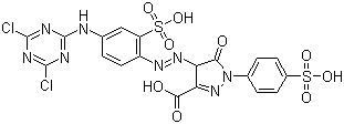 结构式 CAS# 12225-86-4, 活性橙 14; 4-[[4-[(4,6-二氯-1,3,5-三嗪-2-基)氨基]-2-磺酸苯基]偶氮]-4,5-二氢-5-氧代-1-(4-磺酸苯基)-1H-吡唑-3-甲酸