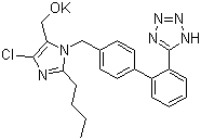 结构式 CAS# 124750-99-8, 氯沙坦钾; 洛沙坦钾; 2-丁基-4-氯-5-(羟甲基)-[[2'-(1H-四氮唑-5-基)联苯-4-基]甲基]咪唑钾
