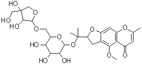 结构式 CAS# 139446-82-5, (S)-2-[1-[(6-O-beta-D-呋喃芹糖基-beta-D-吡喃葡萄糖基)氧基]-1-甲基乙基]-2,3-二氢-4-甲氧基-7-甲基-5H-呋喃并[3,2-g][1]苯并吡喃-5-酮