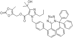 structure of CAS# 144690-92-6, Trityl olmesartan;Trityl olmesartan medoxomil; 4-(1-Hydroxy-1-methylethyl)-2-propyl-1-[[2'-[1-(triphenylmethyl)-1H-tetrazol-5-yl][1,1'-biphenyl]-4-yl]methyl]-1H-imidazole-5-carboxylic acid (5-methyl-2-oxo-1,3-dioxol-4-yl)methyl ester
