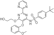 structure of CAS# 147536-97-8, Bosentan;N-[6-(2-Hydroxyethoxy)-5-(2-methoxyphenoxy)-2-pyrimidin-2-yl-pyrimidin-4-yl]-4-tert-butyl-benzenesulfonamide