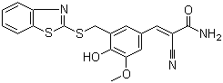 structure of CAS# 149092-50-2, 5-[(Benzothiazol-2-yl)thiomethyl]-4-hydroxy-3-methoxybenzylidenecyanoacetamide;Tyrphostin AG 825