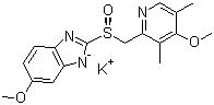 结构式 CAS# 161796-84-5, 艾美拉唑钾盐; 6-甲氧基-2-[(S)-[(4-甲氧基-3,5-二甲基-2-吡啶基)甲基]亚磺酰基]-1H-苯并咪唑钾盐 (1:1)