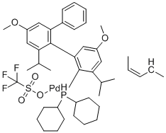 结构式 CAS# 1798782-11-2, [(1,2,3-η)-2-丁烯-1-基][二环己基(3,6-二甲氧基-2',4',6'-三异丙基[1,1'-联苯]-2-基-κC1')膦-κP]钯(1+)，三氟甲烷磺酸盐(1:1)