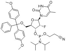structure of CAS# 182700-06-7, 5-Methyl-2'-Fluoro-U Phosphoramidite;N(iPr)2P(OCH2CH2CN)(-3)[DMT(-5)]Ribf2F(b)-thymin-1-yl;3-[[(2R,3R,4R,5R)-2-[[bis(4-methoxyphenyl)-phenylmethoxy]methyl]-4-fluoro-5-(5-methyl-2,4-dioxopyrimidin-1-yl)oxolan-3-yl]oxy-[di(propan-2-yl)amino]phosphanyl]oxypropanenitrile