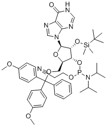 structure of CAS# 261518-12-1, 5'-O-DMT-2'-O-tert-Butyldimethylsilyl-Inosine 3'-CE phosphoramidite;2'-O-(tert-Butyldimethylsilyl)-3'-O-[(diisopropylamino)(2-cyanoethoxy)phosphino]-5'-O-(4,4'-dimethoxytrityl)inosine