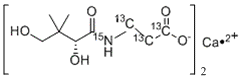 结构式 CAS# 356786-94-2, 泛酸-<sup>13</sup>C<sub>4</sub>,<sup>15</sup>N半钙盐