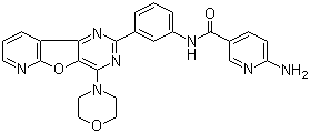 结构式 CAS# 371942-69-7, YM 201636; 6-氨基-N-[3-[4-(4-吗啉基)吡啶并[3',2':4,5]呋喃并[3,2-d]嘧啶-2-基]苯基]-3-吡啶甲酰胺
