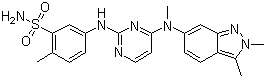 结构式 CAS# 444731-52-6, 帕唑帕尼; 5-[[4-[(2,3-二甲基-2H-吲唑-6-基)(甲基)氨基]嘧啶-2-基]氨基]-2-甲基苯磺酰胺
