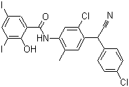structure of CAS# 57808-65-8, Closantel;N-[5-Chloro-4-[(chlorophenyl)cyannomethyl]-2-methylphenyl]-2-hydroxy-3,5-diiodobenzamid