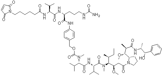 structure of CAS# 646502-53-6, VcMMAE;Maleimidocaproyl-valine-citrulline-p-aminobenzoyloxycarbonyl-monomethyl auristatin E; Vedotin