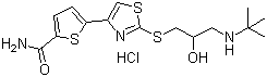 结构式 CAS# 68377-91-3, 盐酸阿罗洛尔; 5-[2-(3'-叔丁基氨基-2'-羟基丙基硫)-4-噻唑基]-2-噻吩甲酰氨盐酸盐