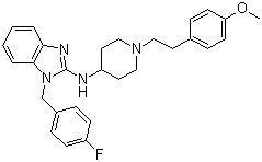 structure of CAS# 68844-77-9, Astemizole;1-(4-Fluorobenzyl)-2-(1-[4-methoxyphenethyl]piperidin-4-yl)aminobenzimidazole; 1-((4-Fluorophenyl)-methyl)-N-(1-(2-(4-methoxyphenyl)ethyl)-4-piperidinyl)-1H-benzimidazol-2-amine