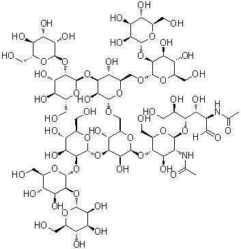 结构式 CAS# 71246-55-4, O-alpha-D-甘露糖基-(1→2)-O-alpha-D-甘露糖基-(1→3)-O-[O-alpha-D-甘露糖基-(1→2)-alpha-D-甘露糖基-(1→6)]-O-alpha-D-甘露糖基-(1→6)-O-[O-alpha-D-甘露糖基-(1→2)-O-alpha-D-甘露糖基-(1→2)-alpha-D-甘露糖基-(1→3)]-O-beta-D-甘露糖基-(1→4)-O-2-(乙酰氨基)-2-脱氧-beta-D-吡喃葡萄糖基-(1→4)-2-(乙酰氨基)-2-脱氧-D-葡萄糖