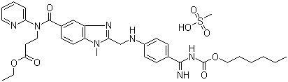 structure of CAS# 872728-81-9, Pradaxa;Dabigatran etexilate mesylate; N-[[2-[[[4-[[[(Hexyloxy)carbonyl]amino]iminomethyl]phenyl]amino]methyl]-1-methyl-1H-benzimidazol-5-yl]carbonyl]-N-2-pyridinyl-beta-alanine ethyl ester monomethanesulfonat