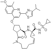 结构式 CAS# 923604-59-5, TMC 435350; (2R,3aR,10Z,11aS,12aR,14aR)-N-(环丙基磺酰基)-2,3,3a,4,5,6,7,8,9,11a,12,13,14,14a-十四氢-2-[[7-甲氧基-8-甲基-2-[4-(1-甲基乙基)-2-噻唑基]-4-喹啉基]氧基]-5-甲基-4,14-二氧代环戊并[c]环丙并[g][1,6]二氮杂环十四烯-12a(1H)-甲酰胺
