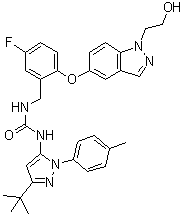 structure of CAS# 945614-12-0, Pexmetinib;ARRY 614; N-(3-tert-Butyl-1-p-tolyl-1H-pyrazol-5-yl)-N'-[5-fluoro-2-[1-(2-hydroxyethyl)-1H-indazol-5-yloxy]benzyl]urea